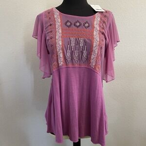 Free People Women's Wisteria‎ Purple Embroidered Boho Blouse Size Small Flaw NWT